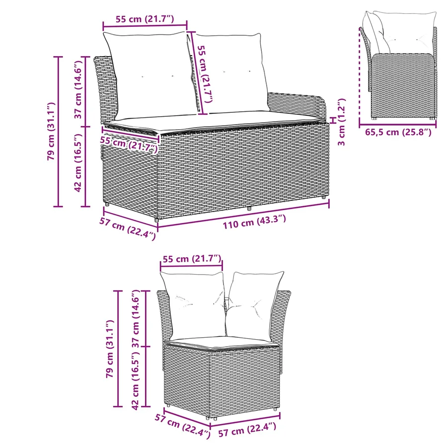 Sofa de jardin avec accoudoirs et sofa d'angle 2 Pièce Noir - 12