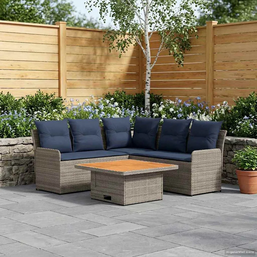 Ensembles de meubles 4 pcs Gris et bleu marine Rotin PE - 3