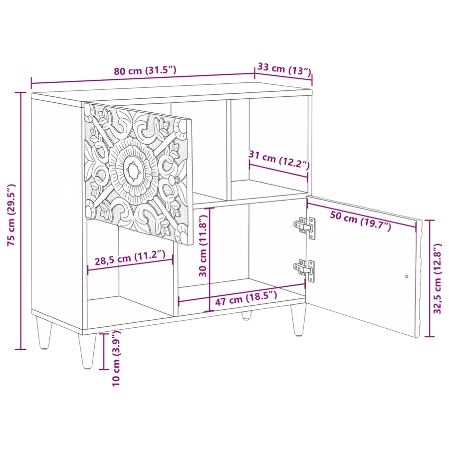 Buffet Marron 80 x 33,5 x 75 cm Bois de mangue massif - 12