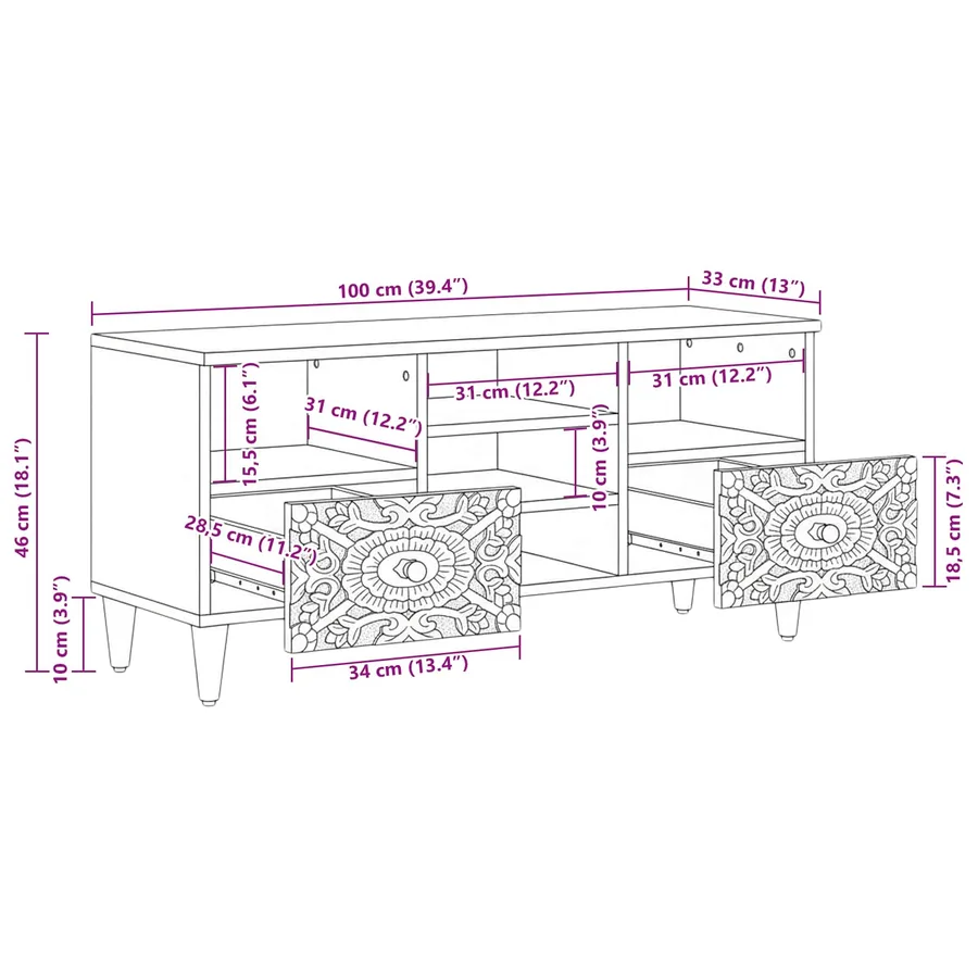 Meuble TV Marron 100 x 33,5 x 46 cm Bois de mangue massif - 11