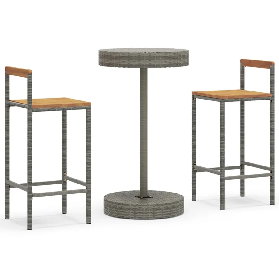 Ensemble de bar jardin 3 pcs gris poly rotin/bois massif acacia - 2
