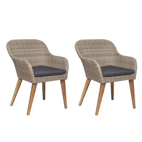 Outdoor Chairs and Cushions Set of 2 Brown Poly Rattan