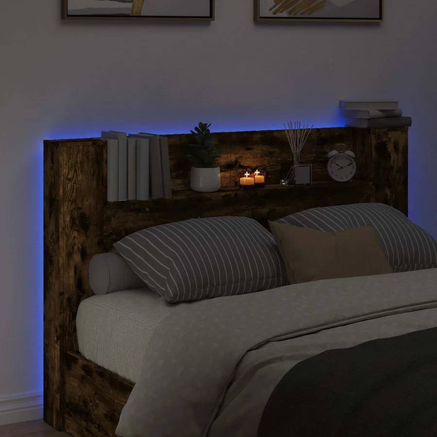 Cabinet de Tête de Lit avec LED Chêne Fumé Bois d'ingénierie - 4