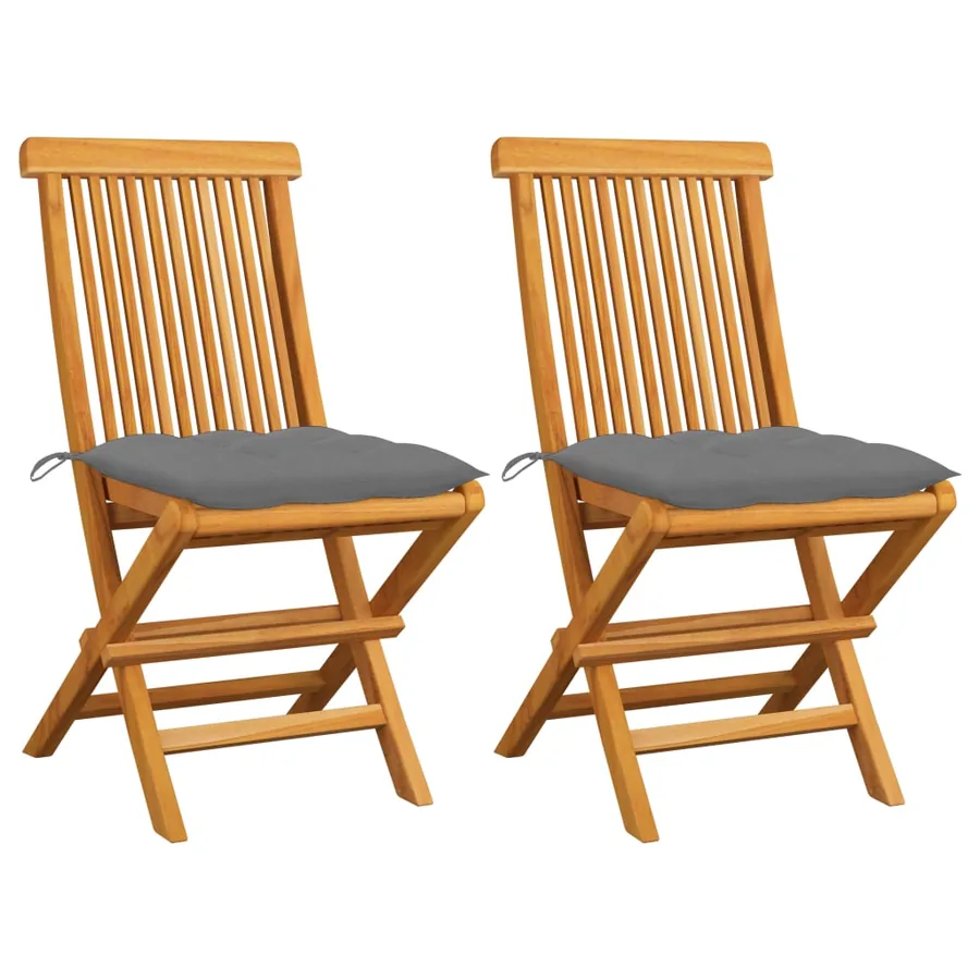 Garden Chairs and Grey Cushions Set of 2 Solid Teak Wood