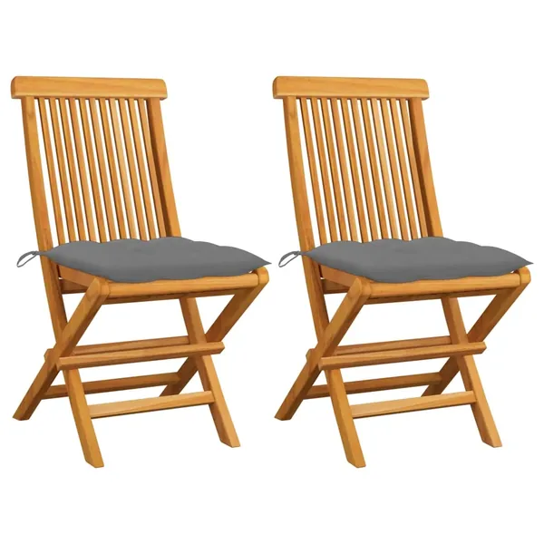 Garden Chairs and Grey Cushions Set of 2 Solid Teak Wood