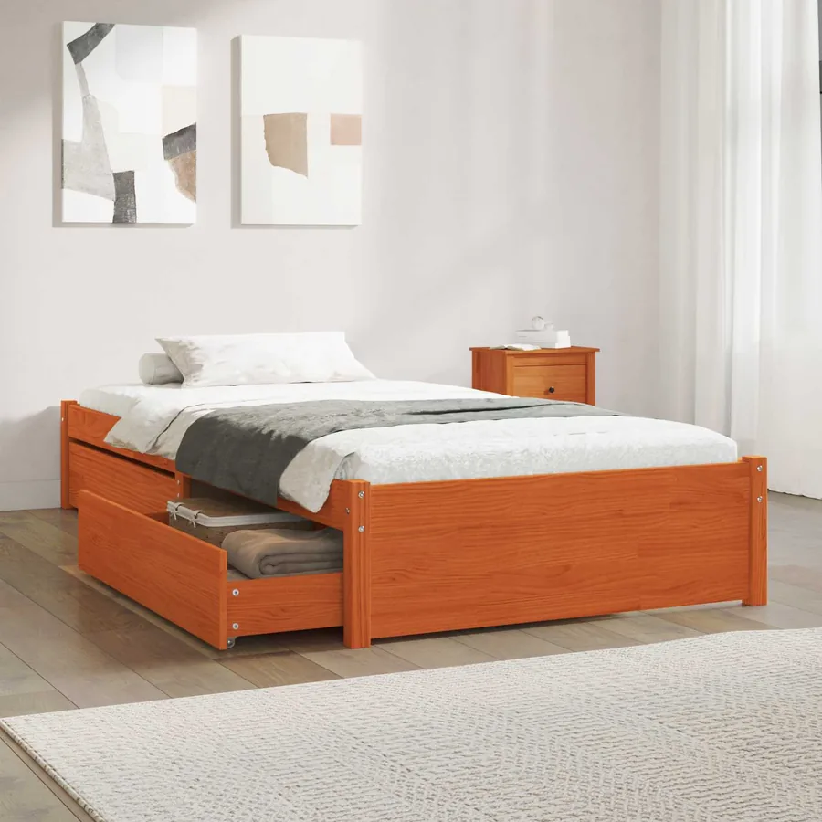 Cadre de lit avec tiroir 3 pcs Cire marron Bois de pin