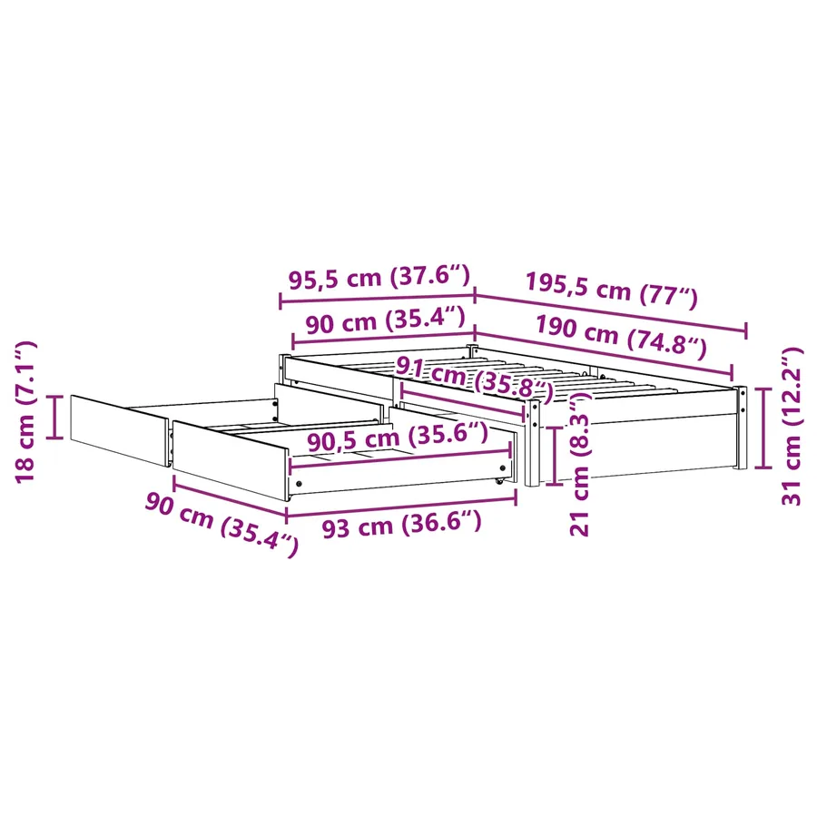 Cadre de lit avec tiroir 3 pcs Cire marron Bois de pin - 10