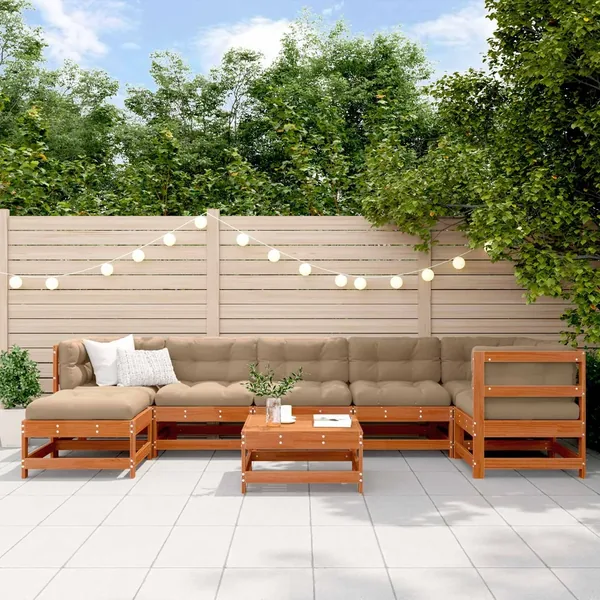 Ensemble de salon de jardin 8 pcs Brun cire Bois de pin massif
