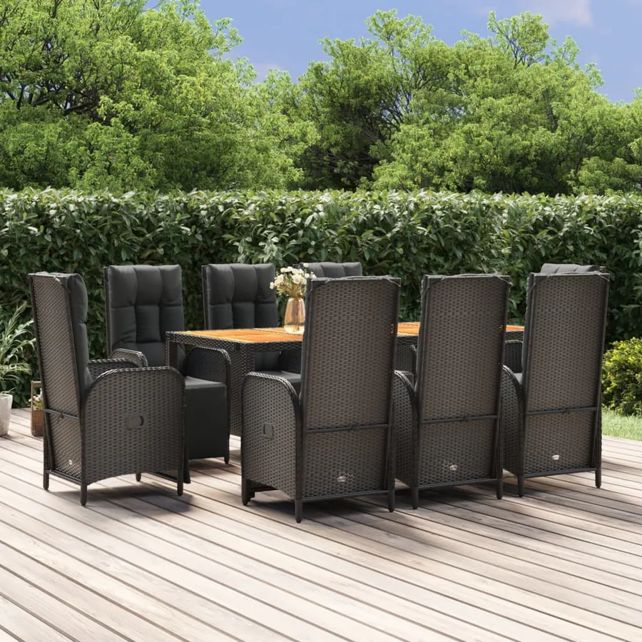 Ensemble à manger jardin 9pcs et coussins noir résine tressée