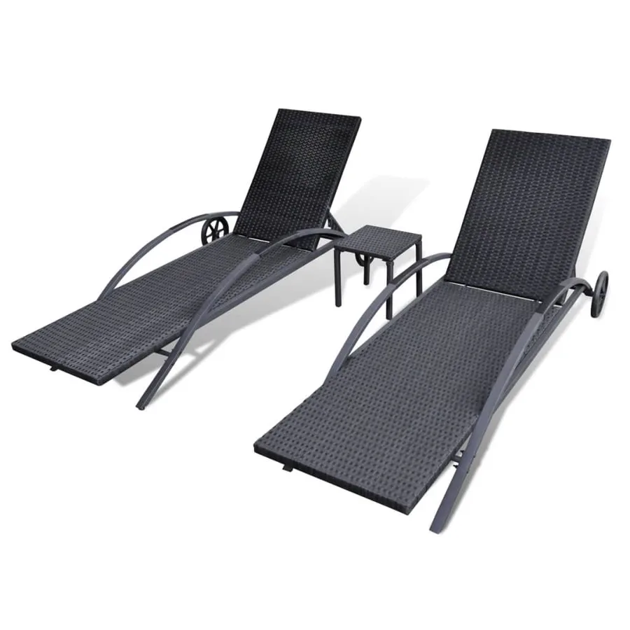 Chaises longues avec table Résine tressée Noir - 5