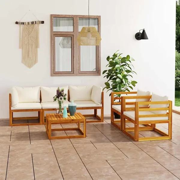 Salon de jardin 6 pcs avec coussin Crème Bois d'acacia solide