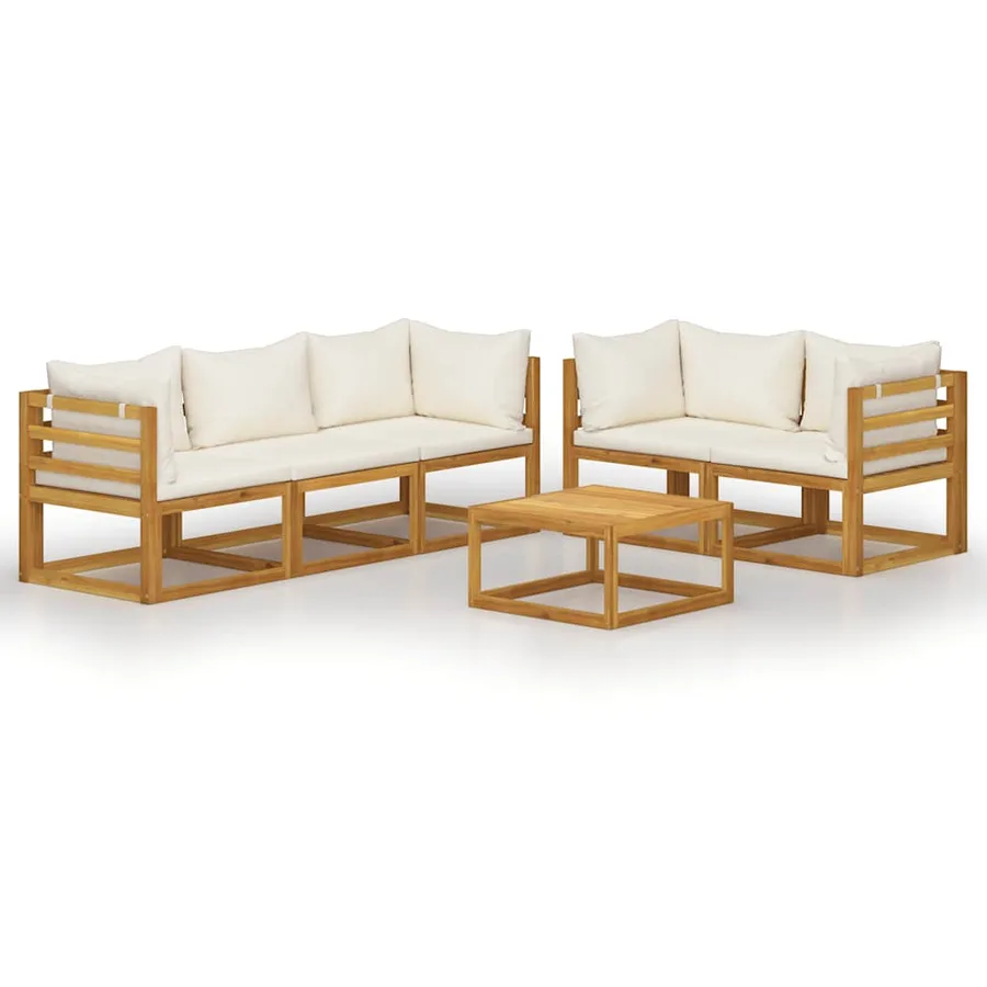 Salon de jardin 6 pcs avec coussin Crème Bois d'acacia solide - 2