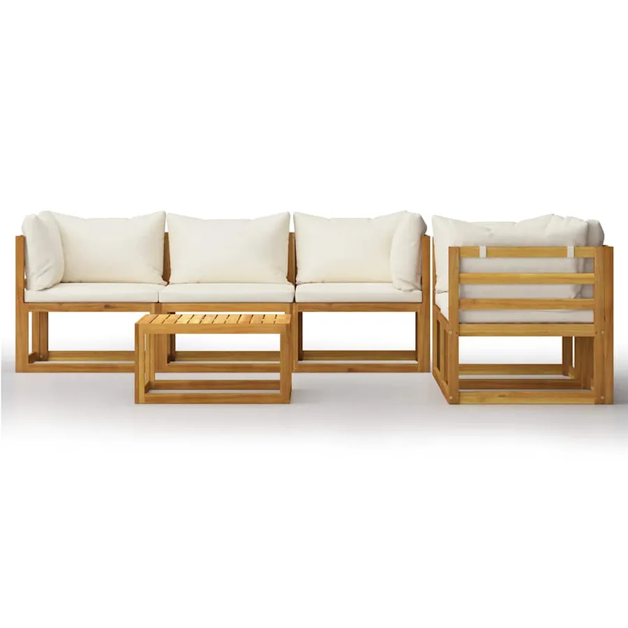 Salon de jardin 6 pcs avec coussin Crème Bois d'acacia solide - 3