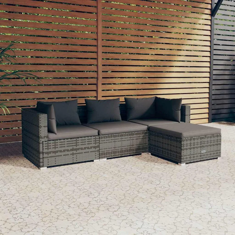Salon de jardin 4 pcs avec coussins Résine tressée Gris