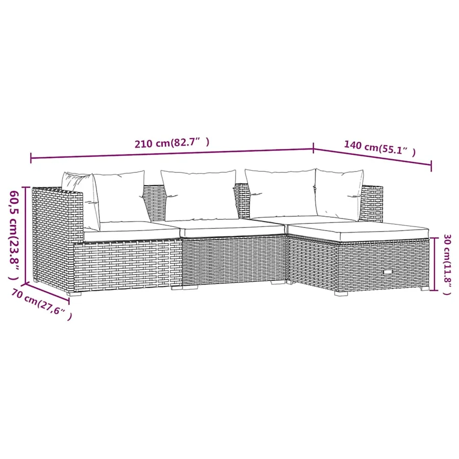 Salon de jardin 4 pcs avec coussins Résine tressée Gris - 6