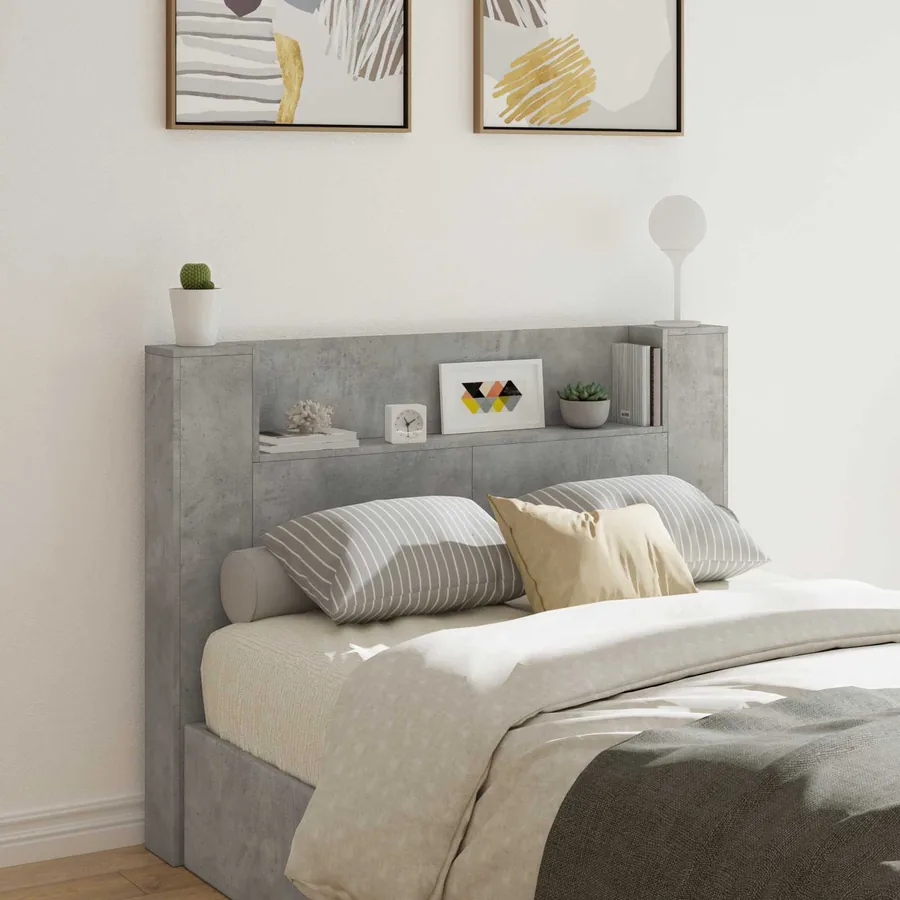 Cabinet de Tête de Lit avec LED Béton 140 x 16,5 x 103,5 cm