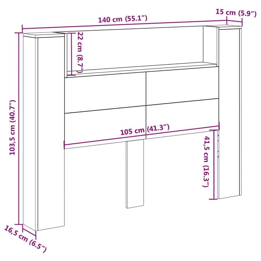 Cabinet de Tête de Lit avec LED Béton 140 x 16,5 x 103,5 cm - 13