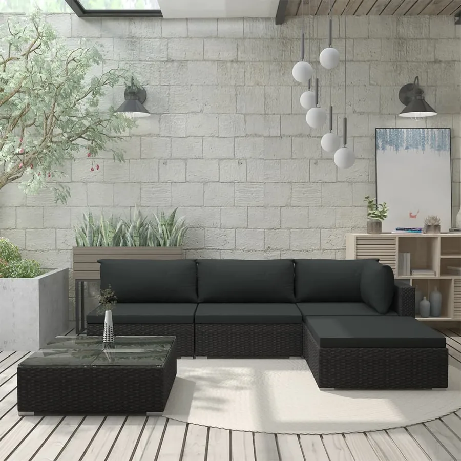 Salon de jardin 5 pcs avec coussins résine tressée noir