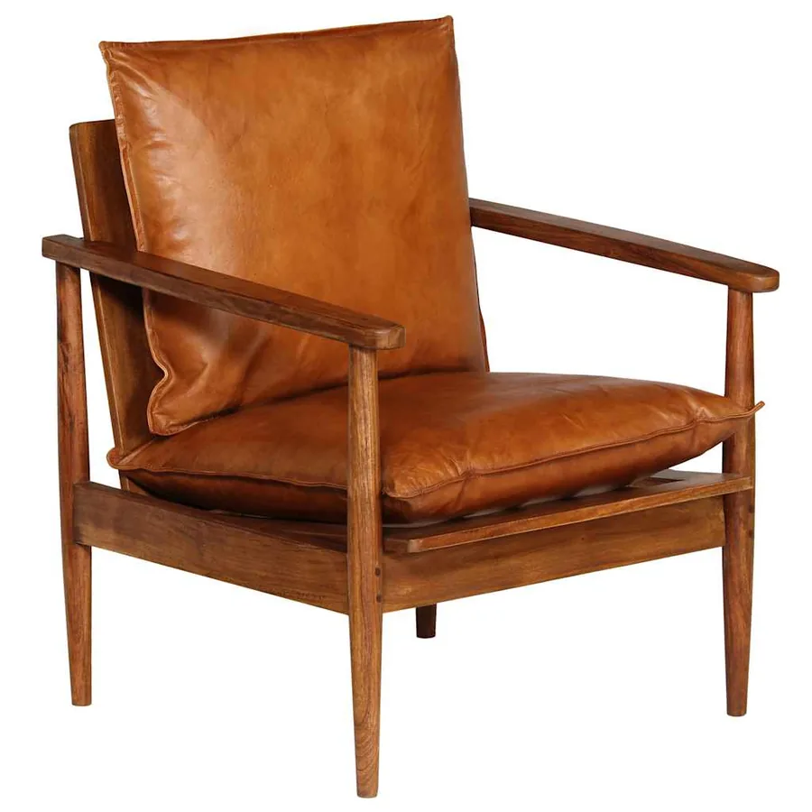 Fauteuil Marron Cuir véritable avec bois d'acacia - 11