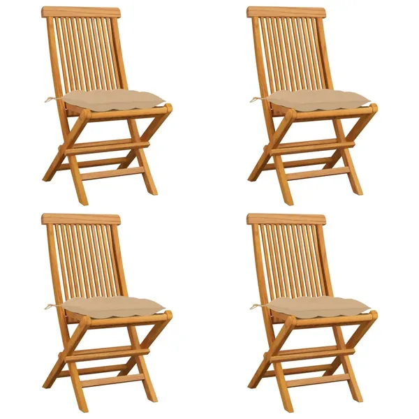 Garden chairs and beige cushions set of 4 Solid teak wood