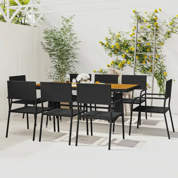 Ensemble à manger d'extérieur 9 pcs Résine tressée Noir