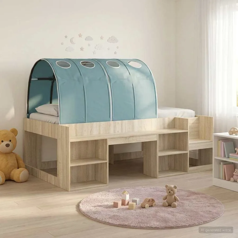 Cadre de lit avec tunnel 3 pc Chêne Sonoma et bleu clair
