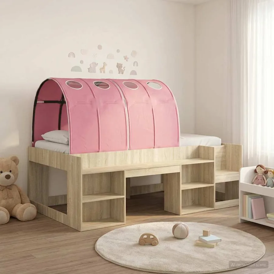 Cadre de lit avec tunnel avec étagère 3 pc Chêne Sonoma et rose