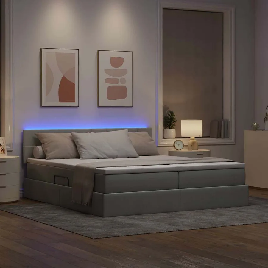 Lit de rangement LED avec matelas Gris clair 200 x 200 cm Tissu - 5