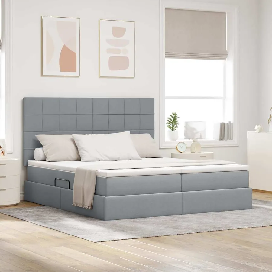 Lit de Rangement avec tête de lit Gris clair 200 x 200 cm Tissu