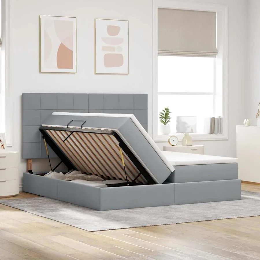 Lit de Rangement avec tête de lit Gris clair 200 x 200 cm Tissu - 4