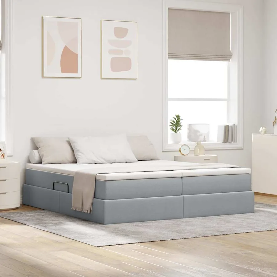 Lit avec rangement et matelas Gris clair 200 x 200 cm Polyester