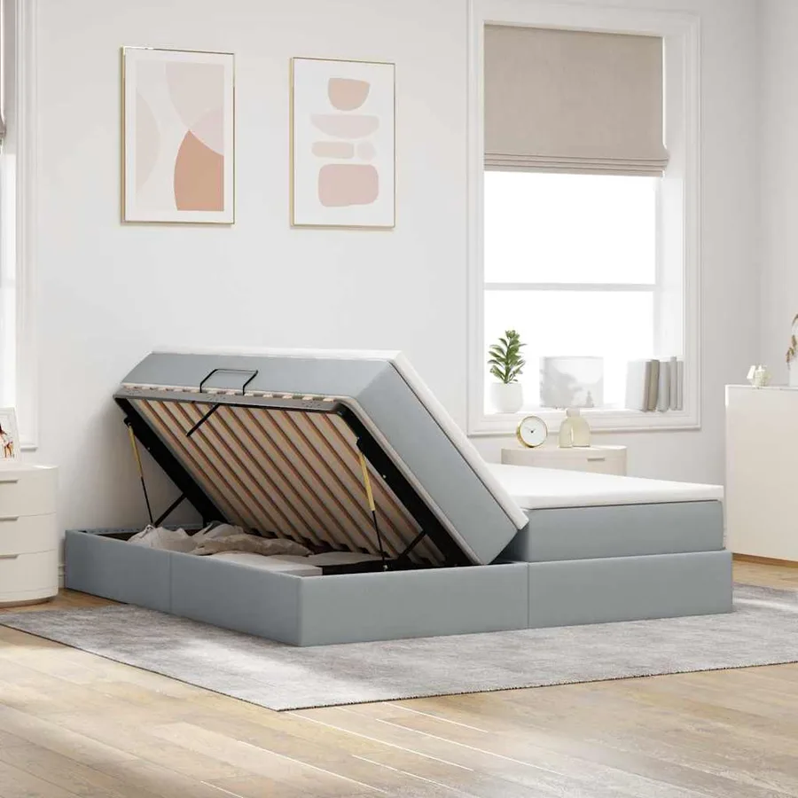 Lit avec rangement et matelas Gris clair 200 x 200 cm Polyester - 4