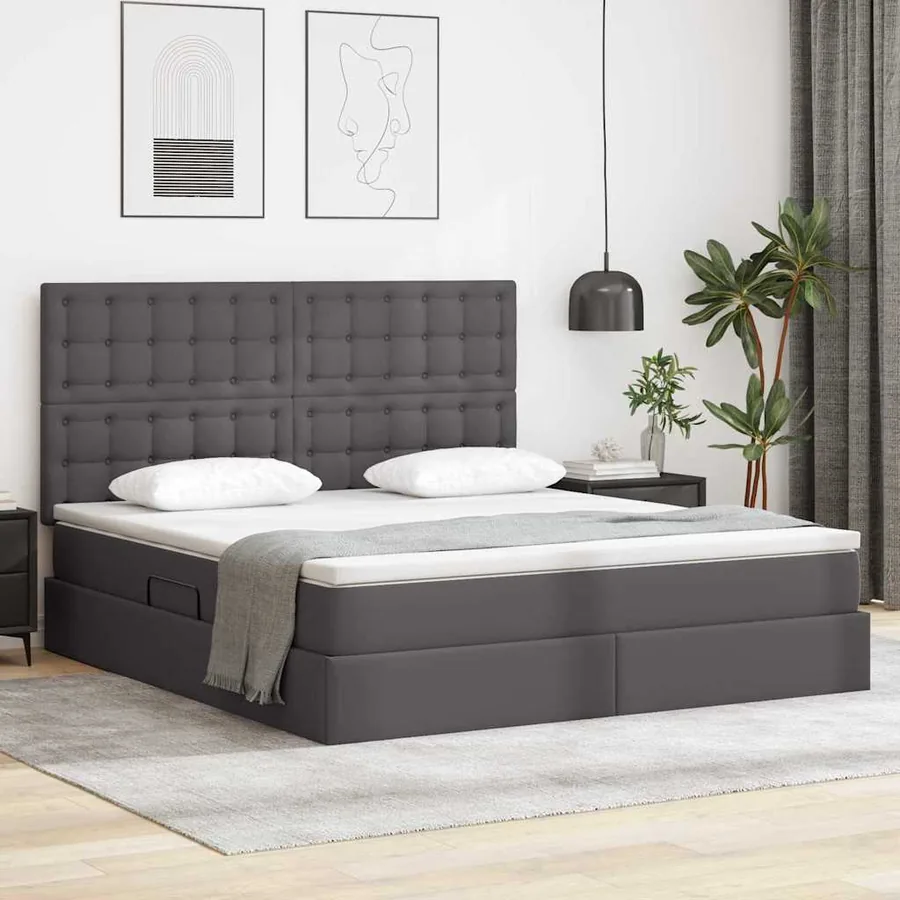 Lit de Rangement Gris 160 x 200 cm Cuir synthétique