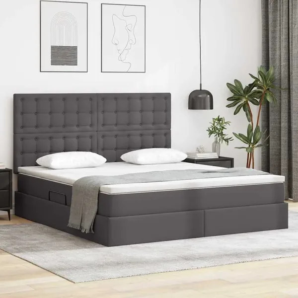 Lit de Rangement Gris 160 x 200 cm Cuir synthétique