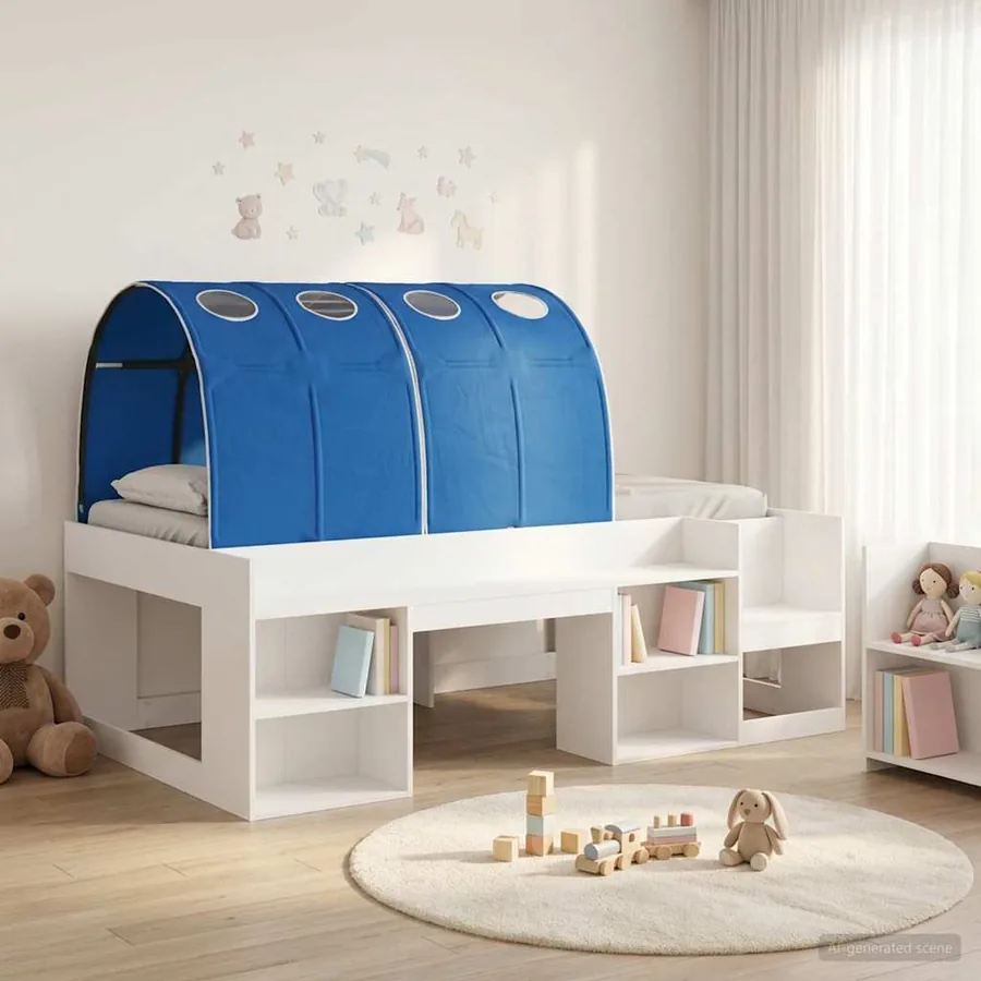Cadre de lit avec tunnel 3 pc Blanc et bleu Bois d’ingénierie