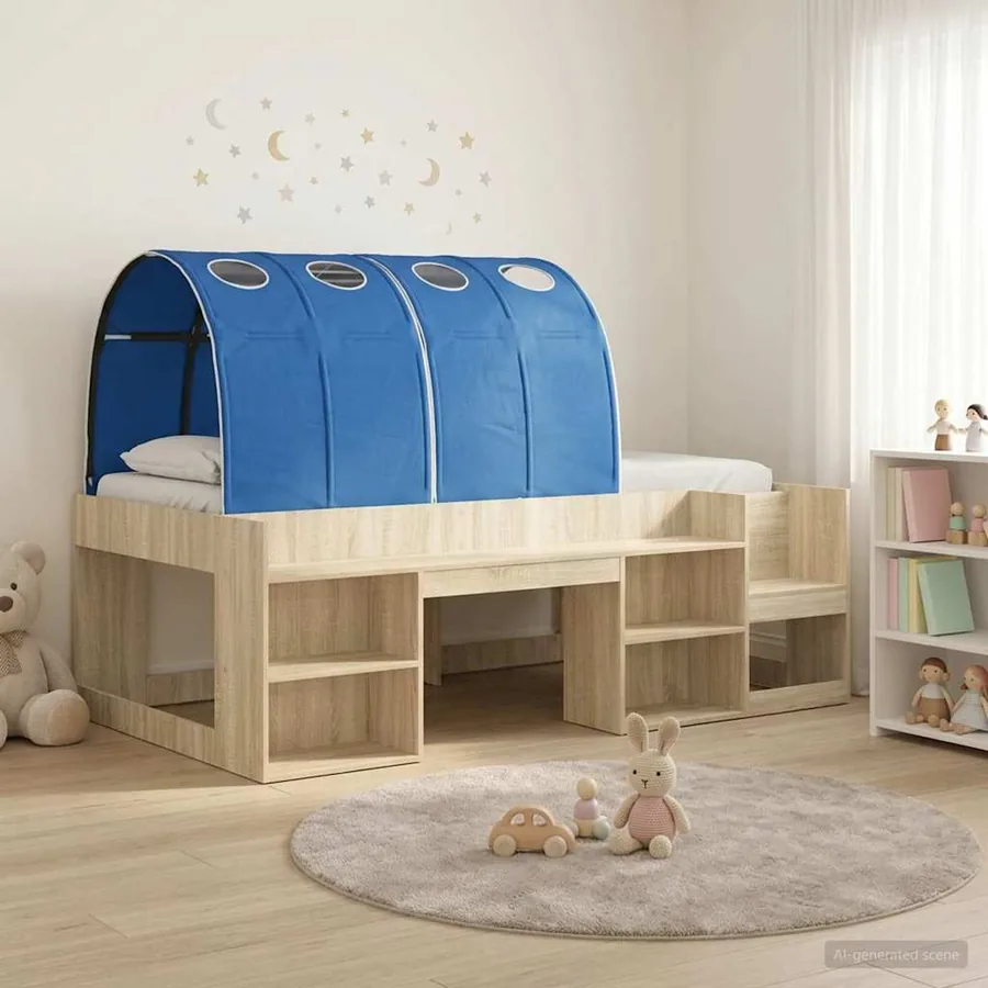 Cadre de lit avec tunnel avec étagère 3 pc Chêne Sonoma et bleu