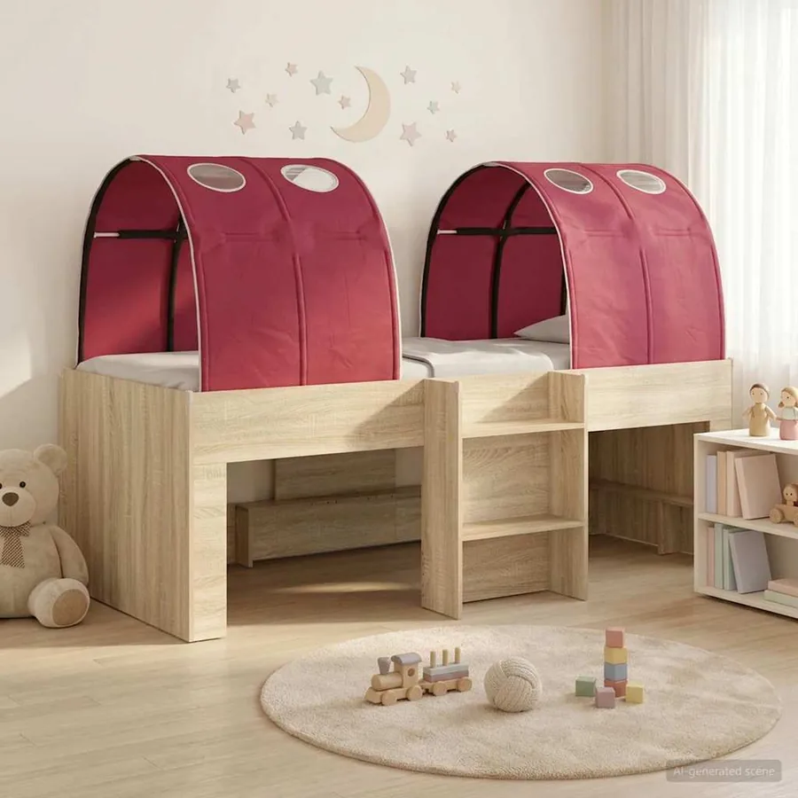 Lit avec Tunnel 3 pc Chêne Sonoma et rouge Bois d'ingénierie