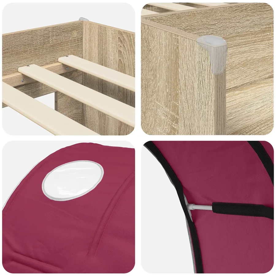Lit avec Tunnel 3 pc Chêne Sonoma et rouge Bois d'ingénierie - 9