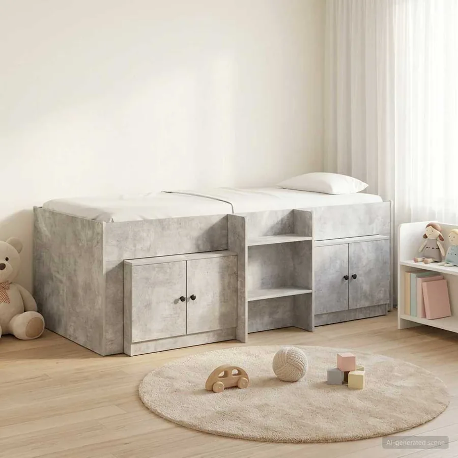 Cadre de lit en mezzanine avec cabinet 3 pc Gris béton