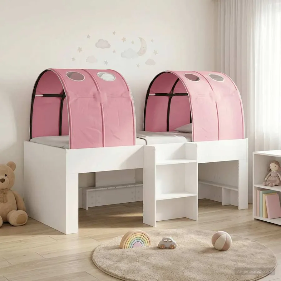 Lit avec Tunnel 3 pc Blanc et rose Bois d'ingénierie