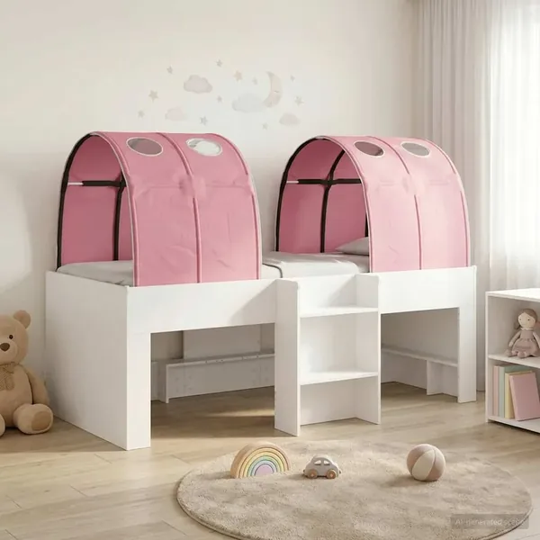 Lit avec Tunnel 3 pc Blanc et rose Bois d'ingénierie