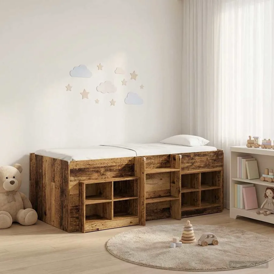 Cadre de lit en loft avec armoire avec étagère 3 pc Bois ancien