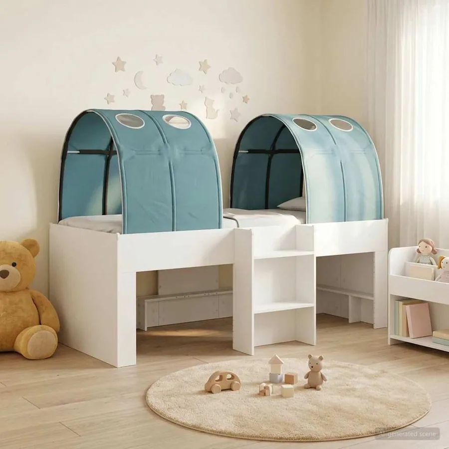 Lit avec Tunnel 3 pc Blanc et bleu clair Bois d'ingénierie