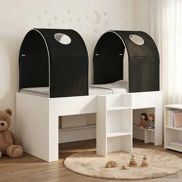 Lit avec Tunnel 3 pc Blanc et noir Bois d'ingénierie