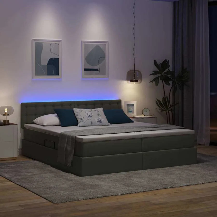 Lit de rangement LED avec matelas Gris foncé 200 x 200 cm Tissu - 5