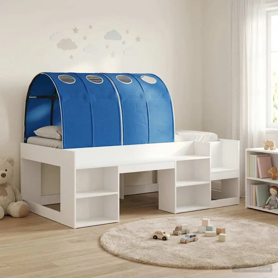 Lit avec Tunnel 3 pc Blanc et bleu Bois d'ingénierie