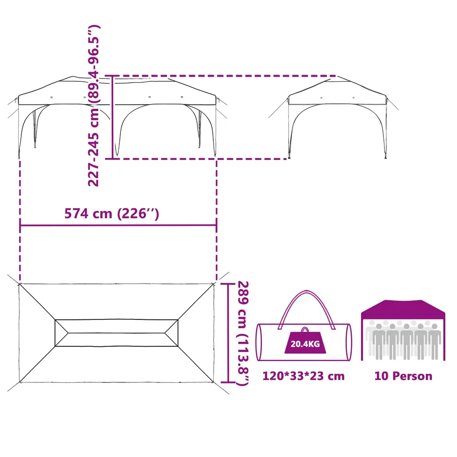 Tente de fête pop-up 575 x 288 x 245 cm Noir Tissu Oxford - 16