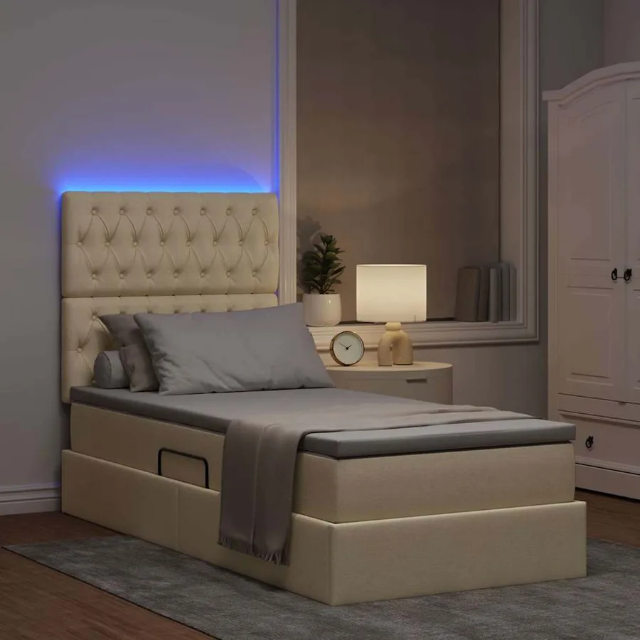 Lit de rangement LED avec matelas Crème 100 x 200 cm Tissu - 5