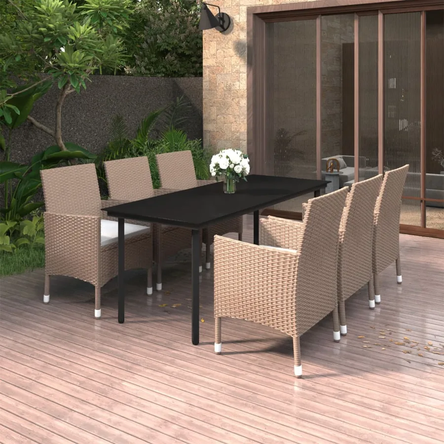 Ensemble à manger de jardin coussins 7 pcs Résine tressée Verre
