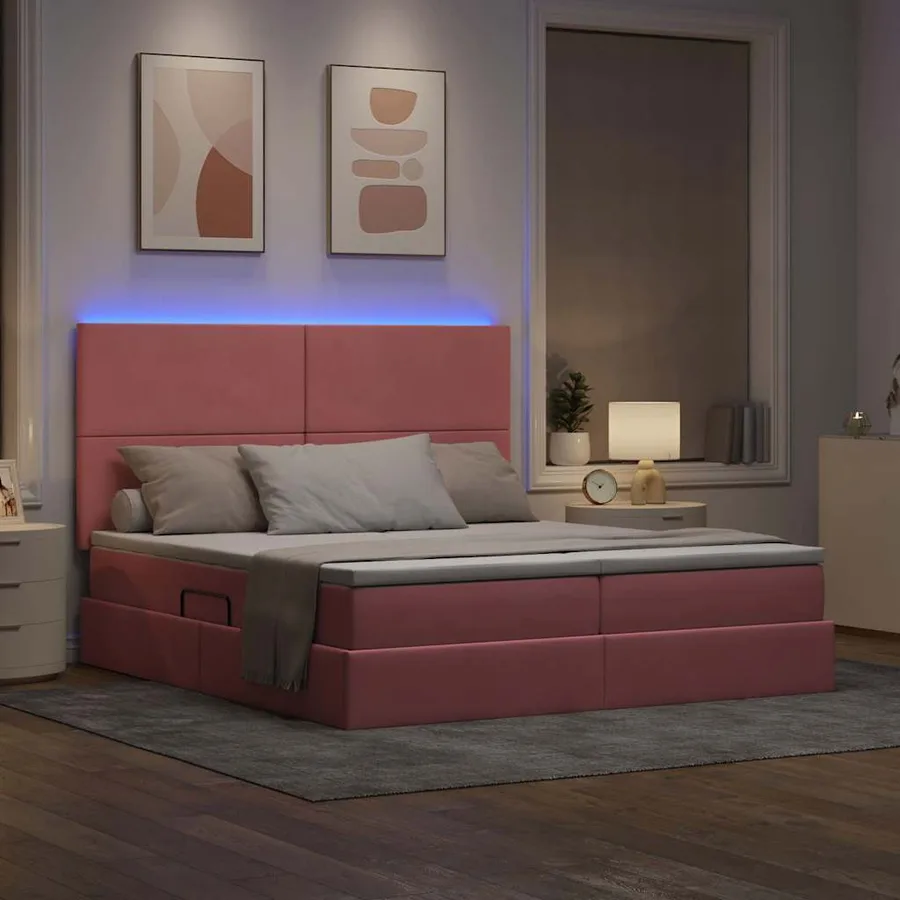 Lit de rangement LED avec matelas Rose 200 x 200 cm Velours - 5